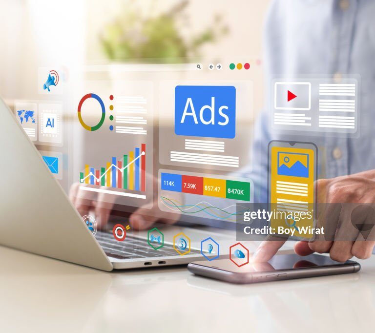 Digital marketing concept, Businessman using laptop with Ads dashboard digital marketing strategy analysis for branding. online advertisement, ad on website and social media. SEO. SMM.